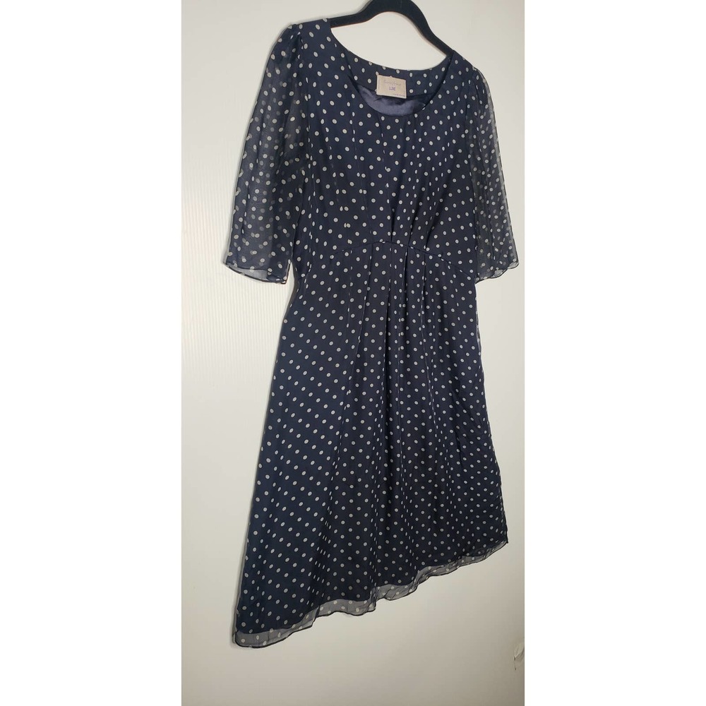 Seraphine Lux Navy Blue Polka Dot Silk Chiffon Sheer Sleeve Maternity Dress US 6